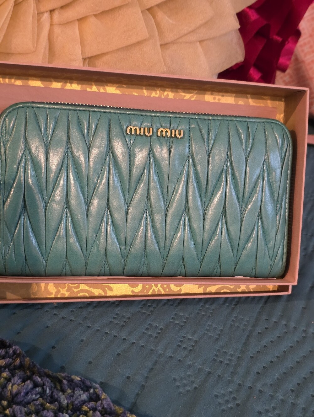 Miu Miu Teal Matelassé Zip Wallet